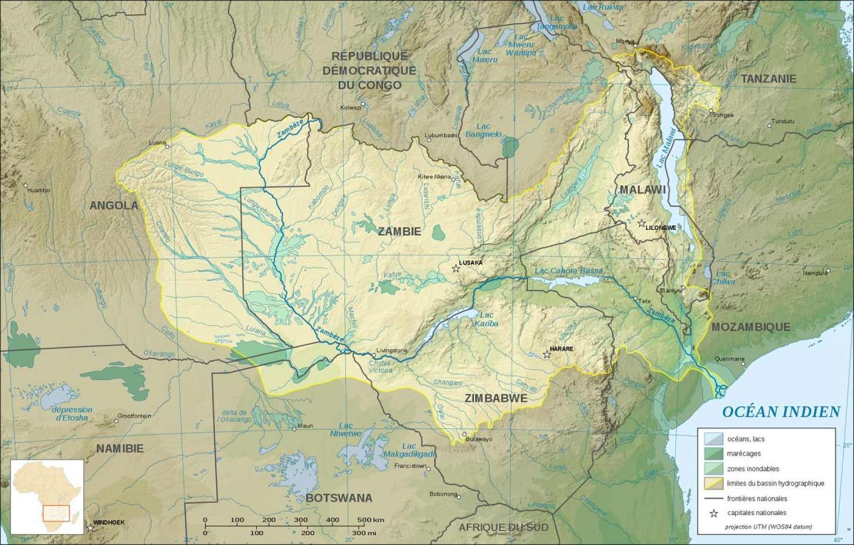 žemėlapis Zambija, rodantis upės ir ežerai