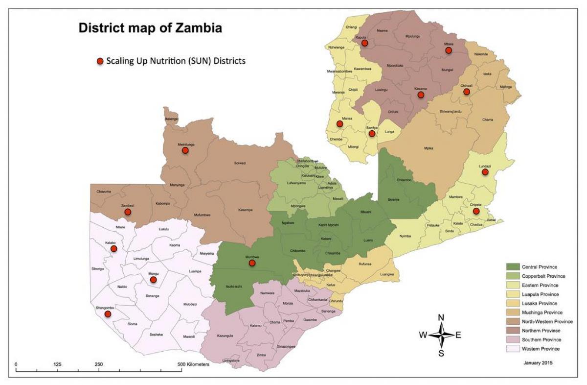 Zambijos rajonų atnaujintas žemėlapis