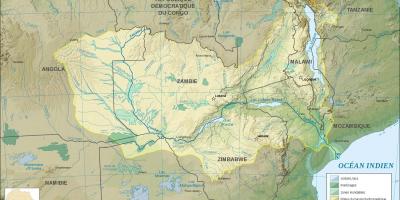 Žemėlapis Zambija, rodantis upės ir ežerai
